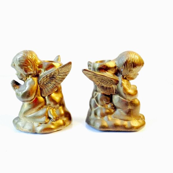 Angels Cherubs Candle Holder Pair Vintage Solid Brass Made In India EUC - Picture 1 of 5